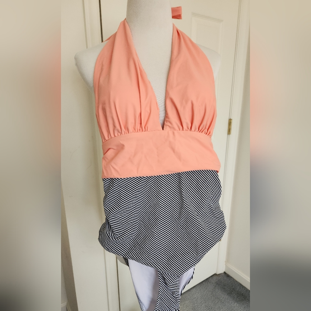 Cupshe one-piece swimsuit.  Peach , black and white striped.  Tie back, size XL